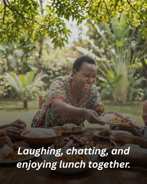 Laughing, chatting, and enjoying lunch together.